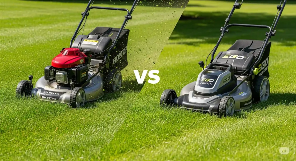 Gas vs. Electric Mowers: Honda HRX217VKA and EGO Power+ cutting through thick grass