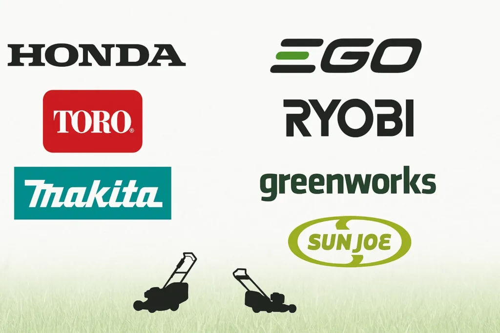 Collage of top lawn mower brand logos with silhouettes of a gas and electric mower on a white background with grass texture, highlighting gas vs. electric options