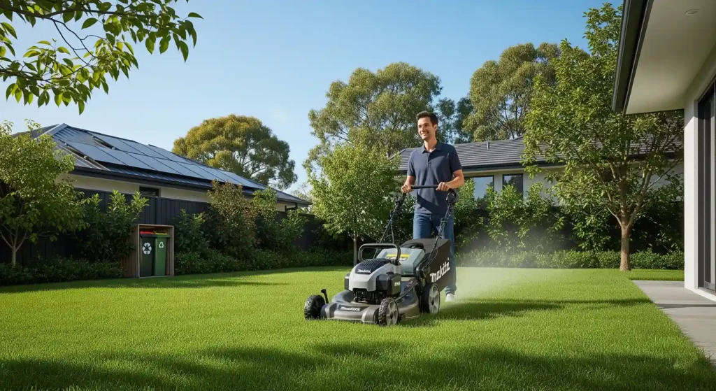 Makita XML08PT battery mower cutting green lawn, with solar panels and recycling bin, highlighting eco-friendly mowing.