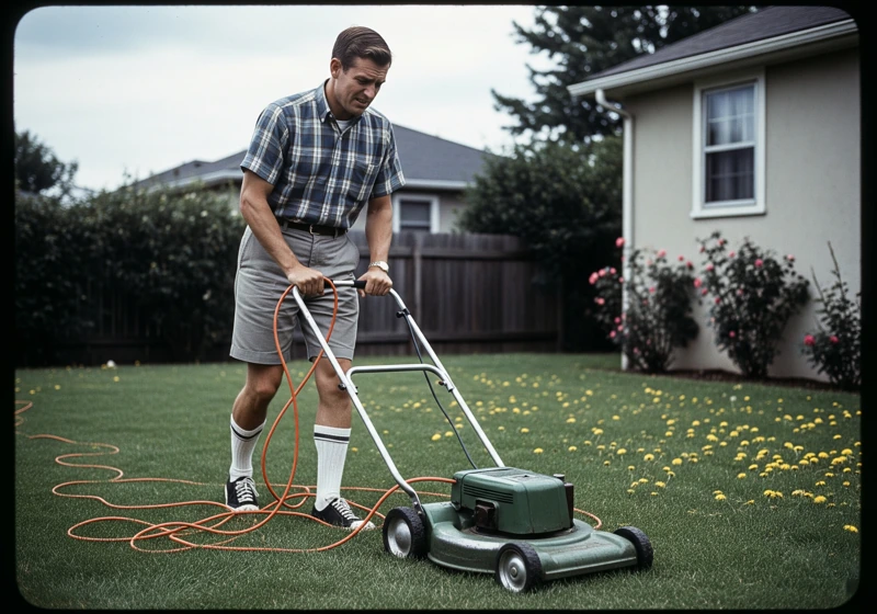 Man using 1960s corded electric lawn mower showing extension cord management challenges
