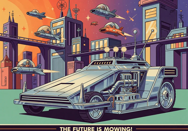 Retro concept art depicting early vision of automated lawn mowing robots in futuristic setting