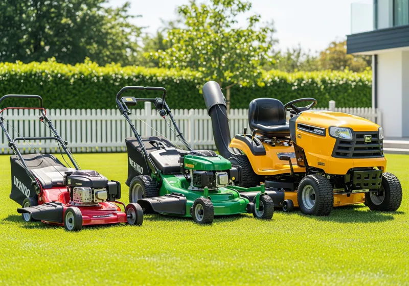 A side-by-side comparison of a push mower, a self-propelled mower, and a riding mower.