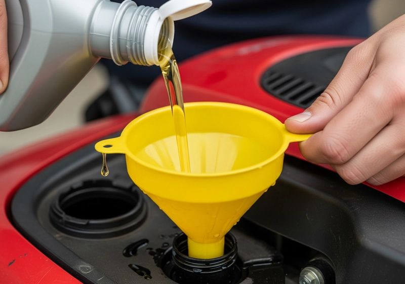Adding fresh oil to lawn mower engine using funnel through oil fill opening