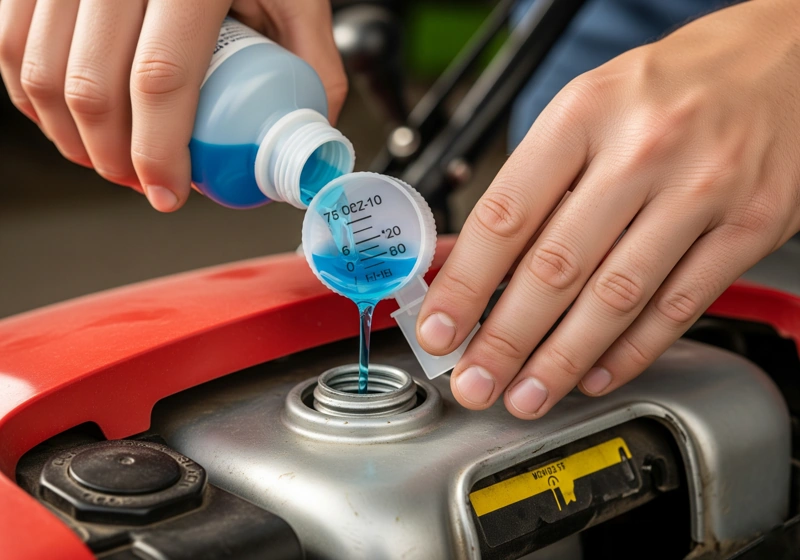Mechanic changing lawn mower oil as part of winterization maintenance process