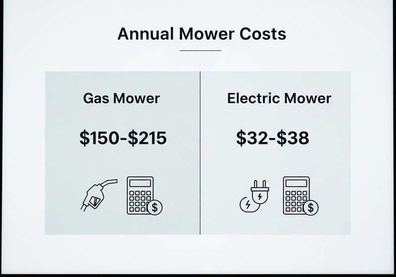 Cost comparison chart showing gas mowers cost $150-215 annually versus electric mowers at $32-38