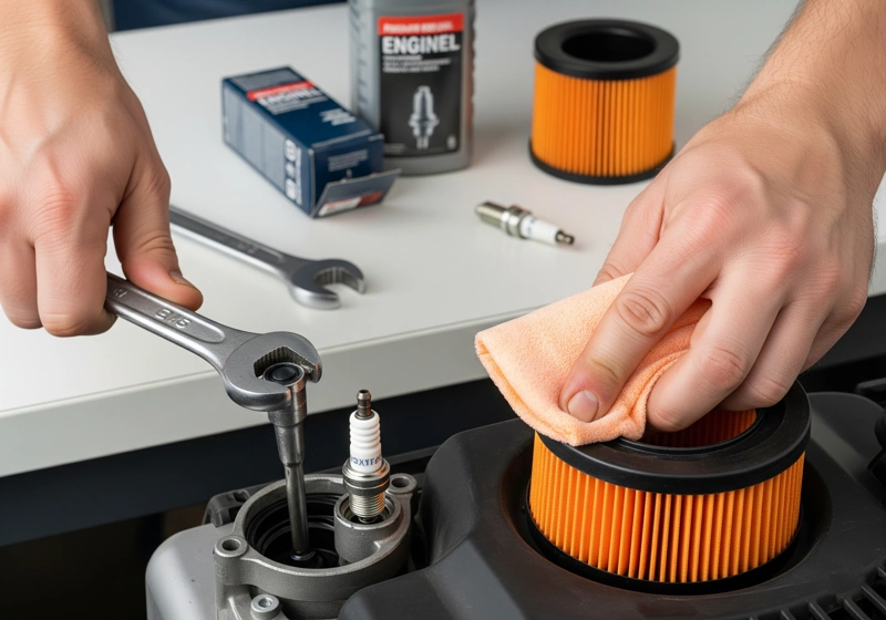 Lawn mower engine maintenance showing oil change, spark plug replacement, and air filter cleaning