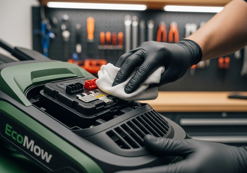 Cleaning battery mower contacts and vents to maintain optimal performance