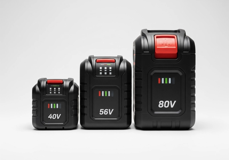 Different voltage batteries for cordless electric lawn mowers showing 40V 56V and 80V options