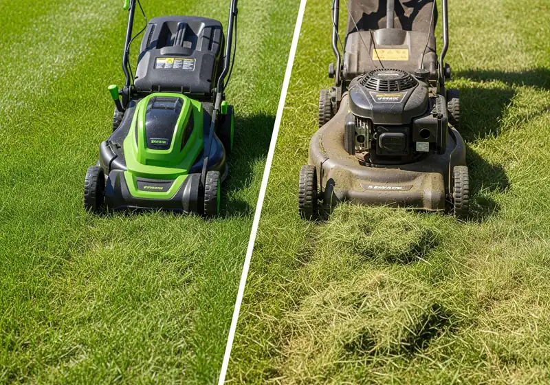 Battery lawn mower performance test showing cutting power through thick grass compared to gas mower