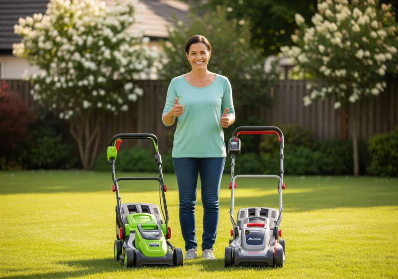 Homeowner with electric lawn mower options showing eco-friendly yard care success