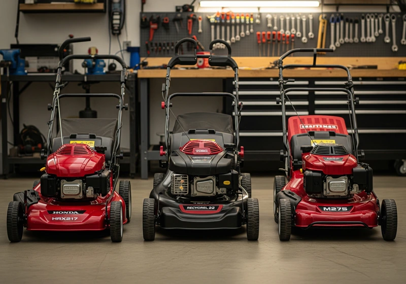 Honda HRX217, Toro Recycler, and Craftsman M275 gas mulching lawn mowers comparison