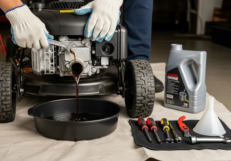 Mechanic changing lawn mower oil as part of winterization maintenance process