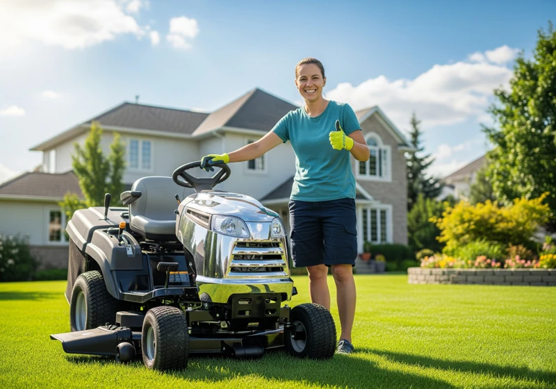 Satisfied homeowner with lawn mower on well-maintained suburban yard after making the right choice
