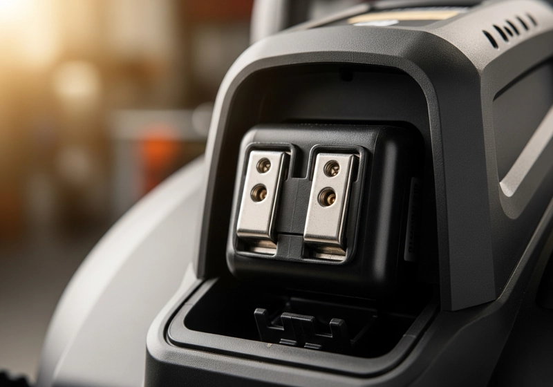 Clean electric lawn mower battery terminals and electrical connections showing proper maintenance without corrosion