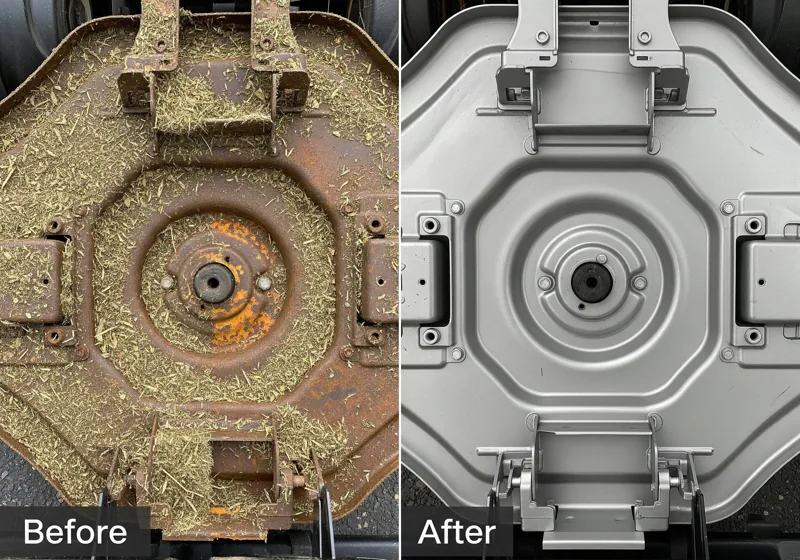 Before and after comparison of clean and dirty lawn mower deck showing rust prevention