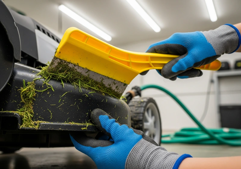 Person cleaning grass clippings from electric lawn mower deck with plastic scraper in garage