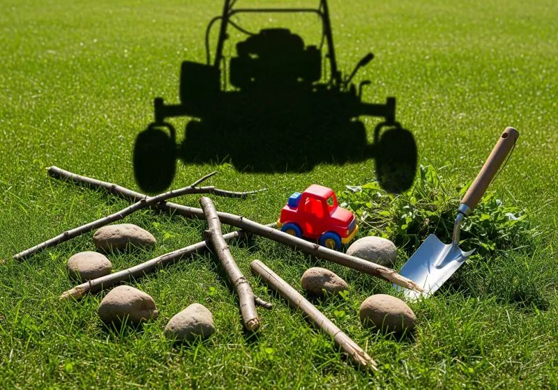 Common yard hazards and debris that must be removed before lawn mowing for safety