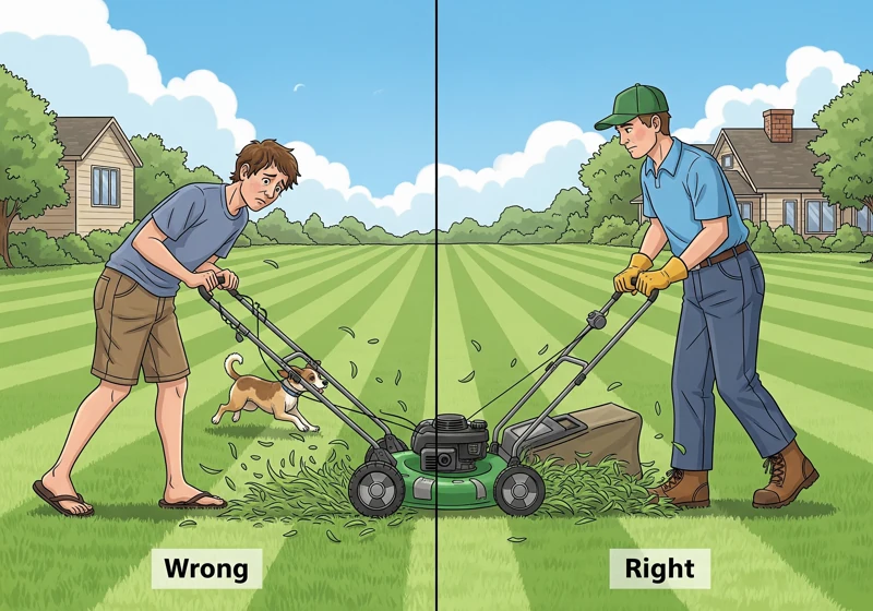 Comparison showing dangerous lawn mower practices versus proper safety techniques