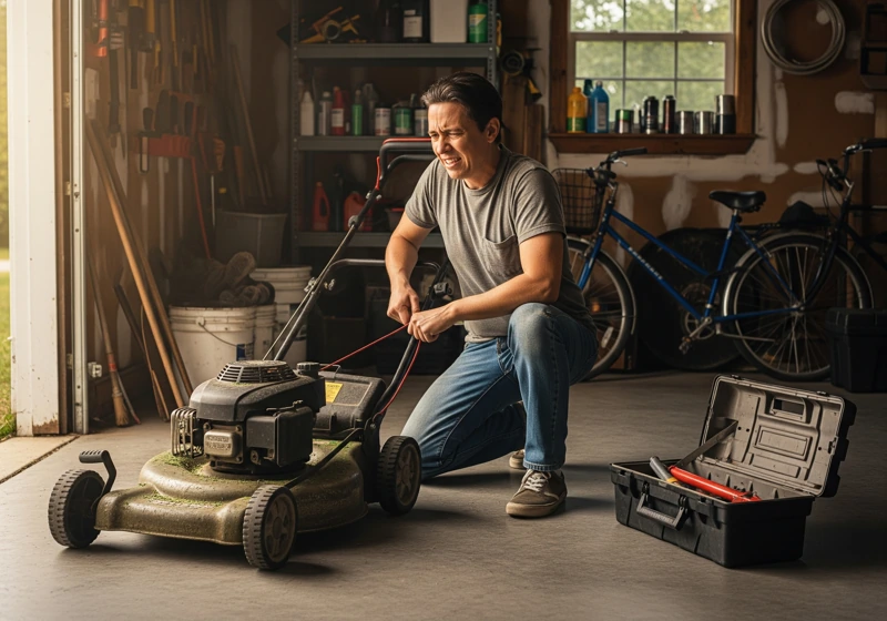 Homeowner troubleshooting lawn mower that won't start in garage setting