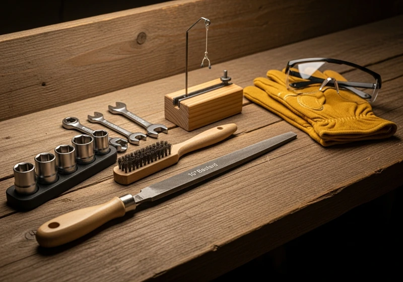 Essential tools for sharpening lawn mower blades including file, wrenches, wire brush and safety equipment