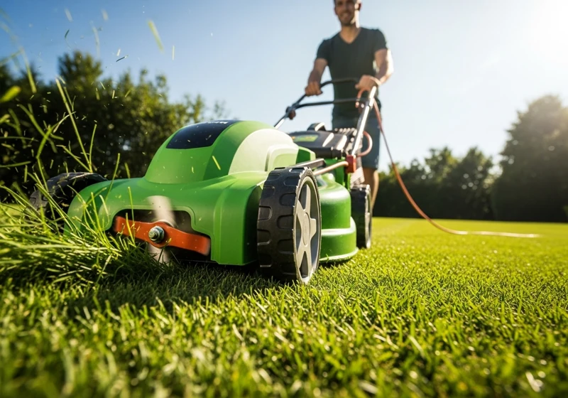 Corded electric lawn mower in use showing efficient, emission-free grass cutting