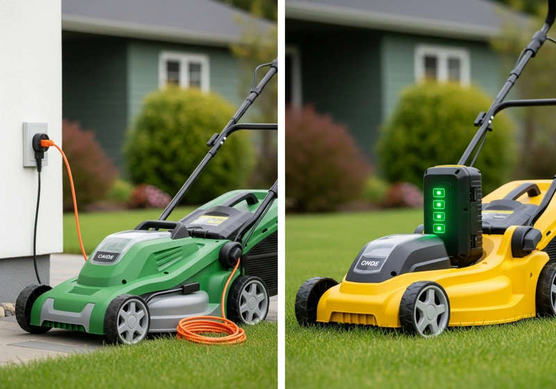 Corded electric mower with power cord next to cordless mower with battery pack