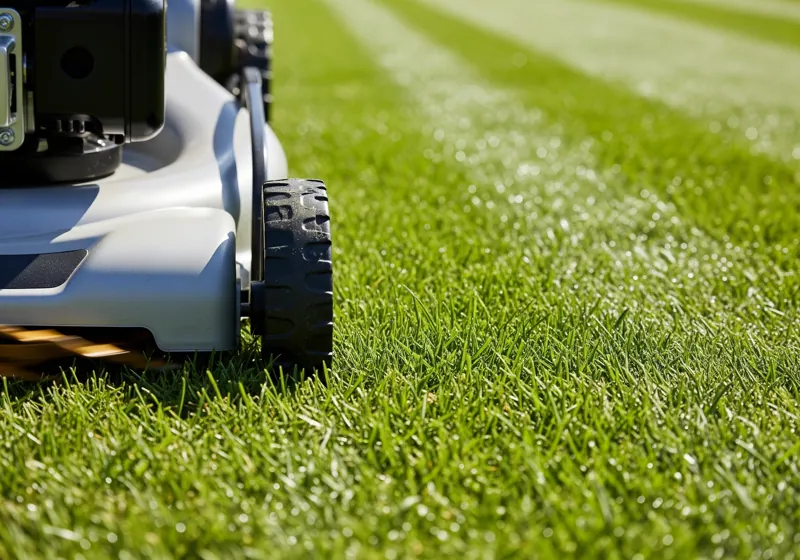 Cordless electric lawn mower cutting thick grass showing clean cut quality