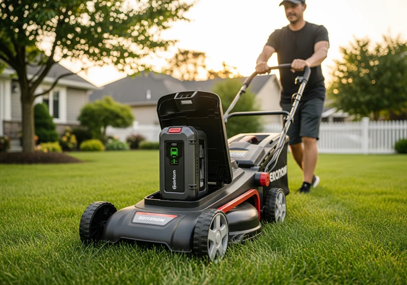 Cordless electric mower highlighting battery pack and cord-free operation benefits