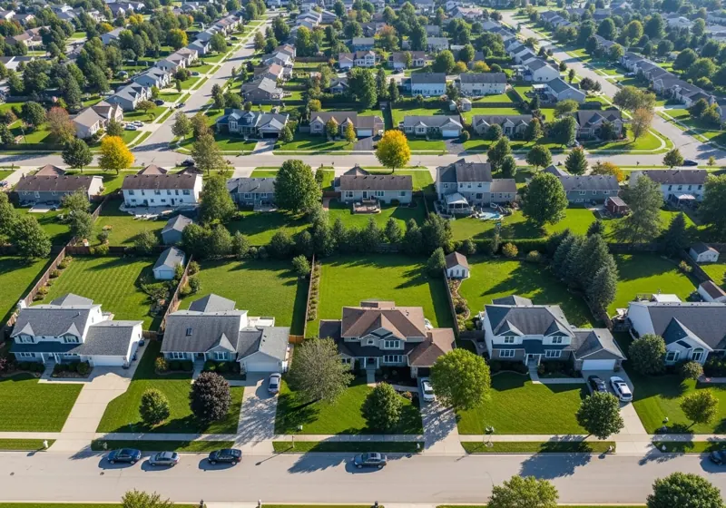 Aerial view of various sized suburban lawns showing quarter-acre to half-acre properties