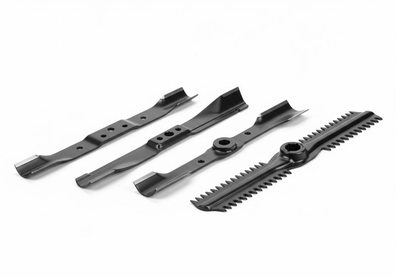 Four different lawn mower blade types displayed side by side showing standard lift, high lift, low lift, and mulching blades with their distinctive shapes and angles