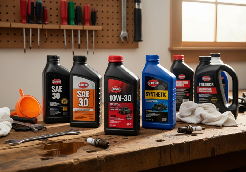Various lawn mower oil bottles including SAE 30 and 10W-30 synthetic oil on workshop table