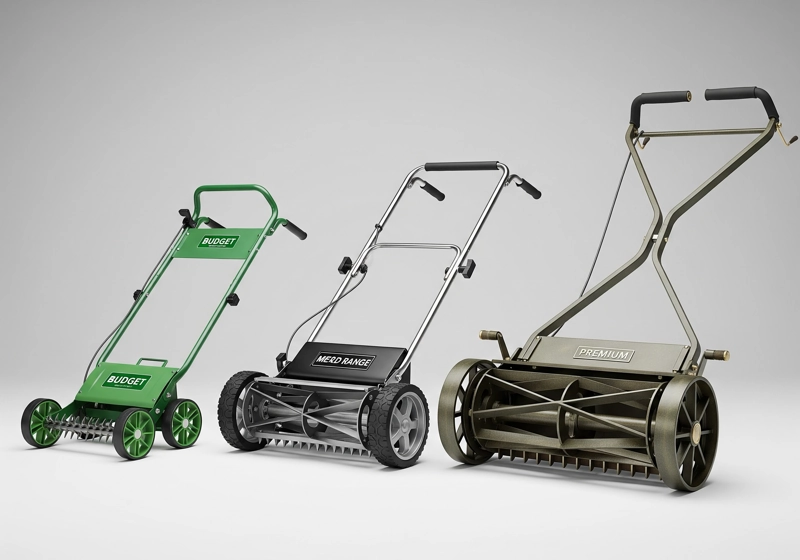 Comparison of three manual push reel mowers showing different sizes and features