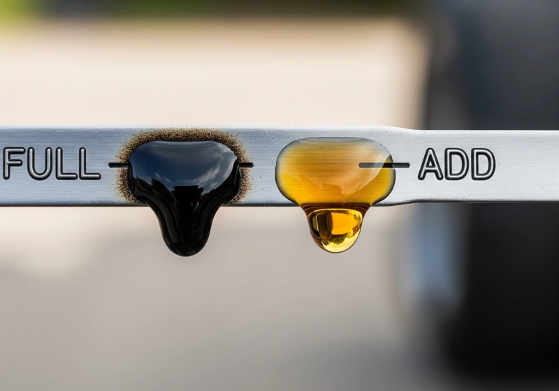 Comparison showing dirty black lawn mower oil on dipstick versus clean amber oil