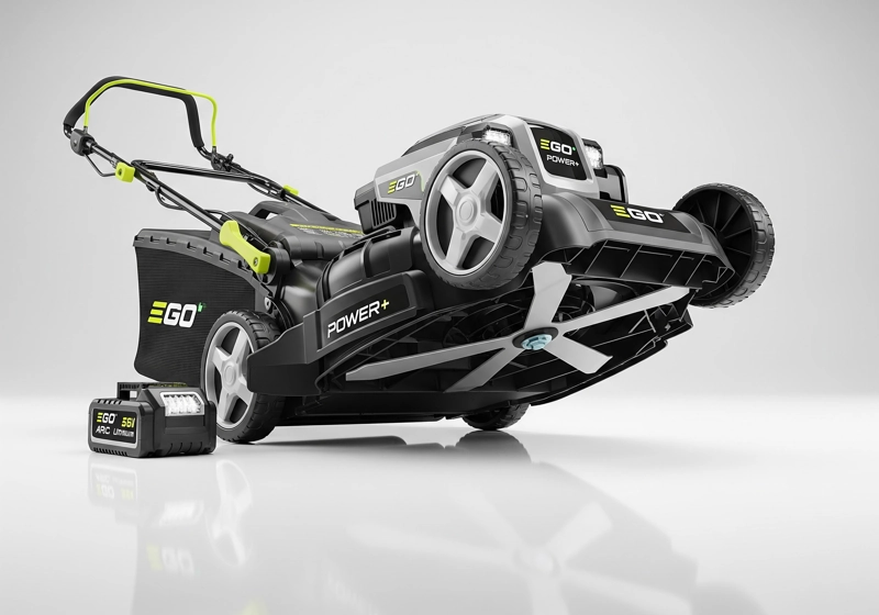 EGO Power+ electric lawn mower showing X-shaped blade design and battery