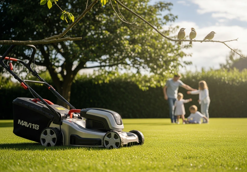 Electric lawn mower operating quietly on lawn with wildlife and family nearby showing environmental benefits