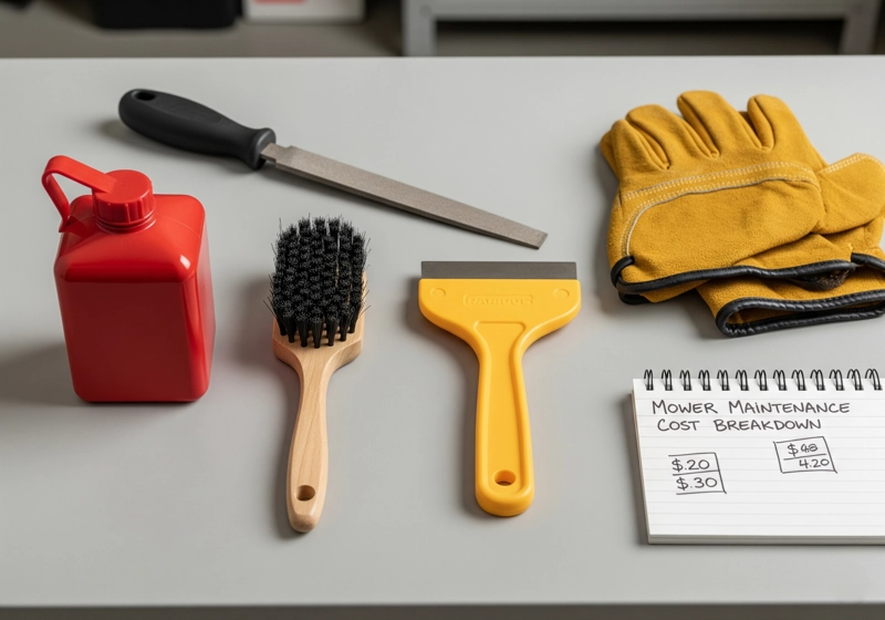 Essential electric lawn mower maintenance tools and supplies laid out on workbench including oil, brushes, and sharpening equipment