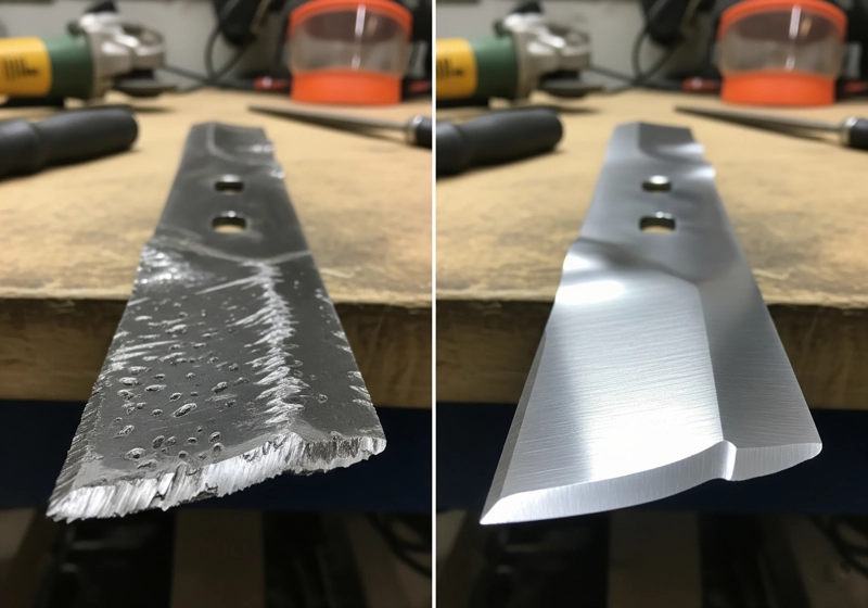 Before and after comparison of electric lawn mower blade showing dull blade versus sharp, well-maintained blade