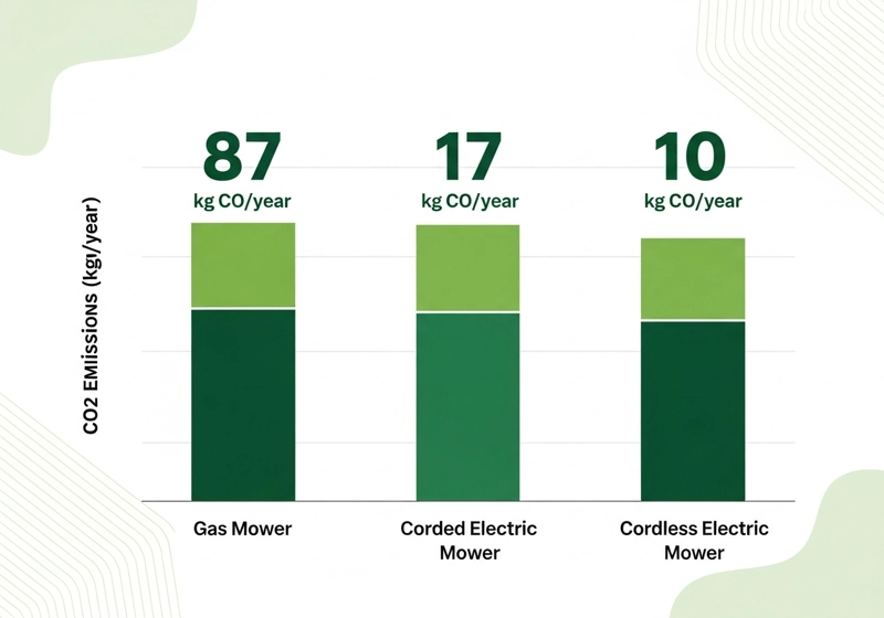 Bar chart comparing annual CO2 emissions from different lawn mower types