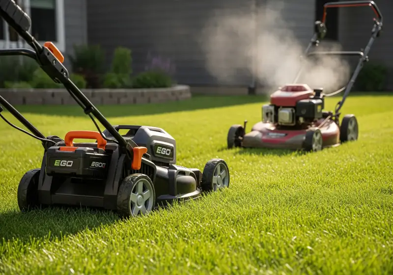 Electric vs gas lawn mower comparison showing modern battery-powered technology