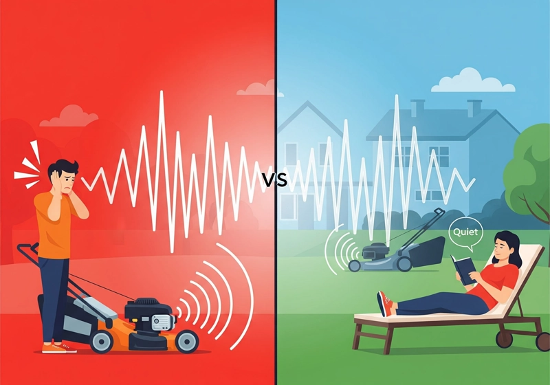 Noise level comparison showing quiet electric lawn mower versus loud gas mower with sound wave visualization