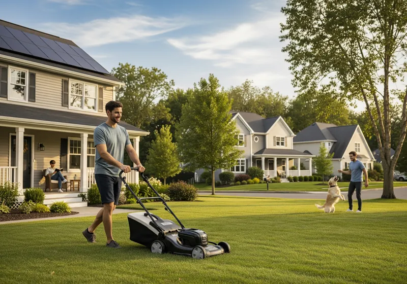 Quiet cordless electric lawn mower operation in residential neighborhood showing environmental and noise pollution benefits