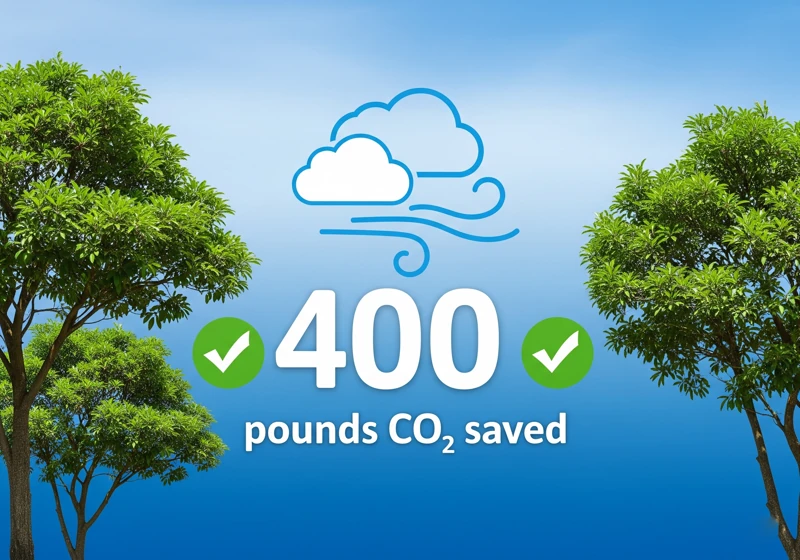 Infographic showing annual environmental savings of 400 pounds CO2 reduction from switching to electric mowers