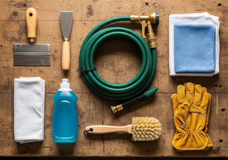 Basic tools needed for cleaning lawn mower including scraper, hose, and cleaning supplies