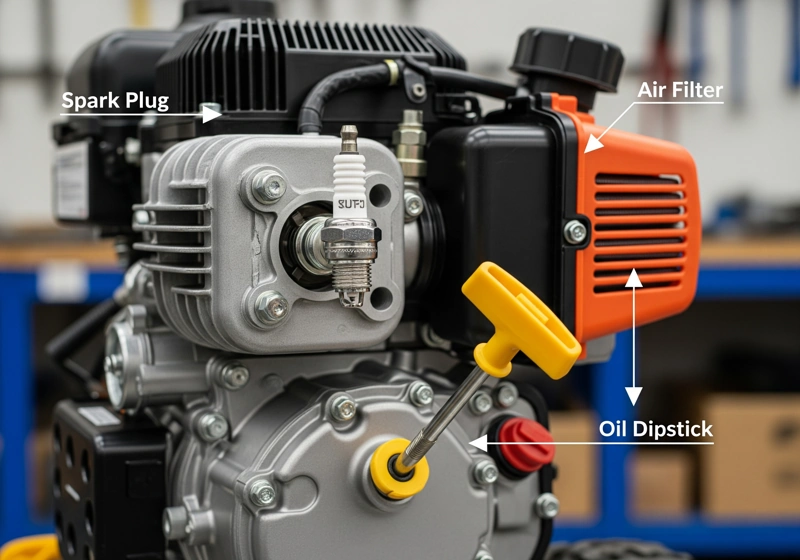 Lawn mower engine showing spark plug, air filter, and oil dipstick locations for maintenance