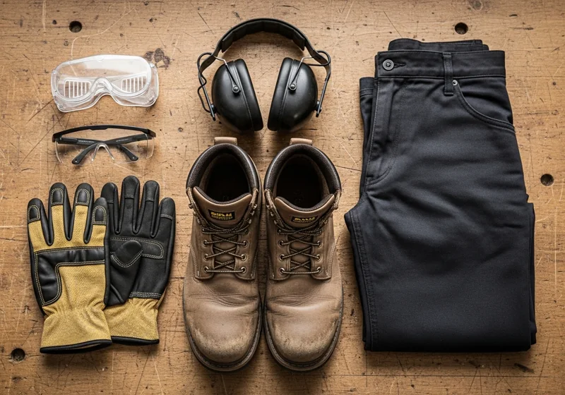 Complete set of lawn mower safety equipment including work boots, safety glasses, and protective gear