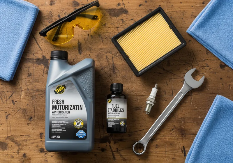 Complete set of winterization supplies including oil, fuel stabilizer, air filter, and tools laid out on workbench