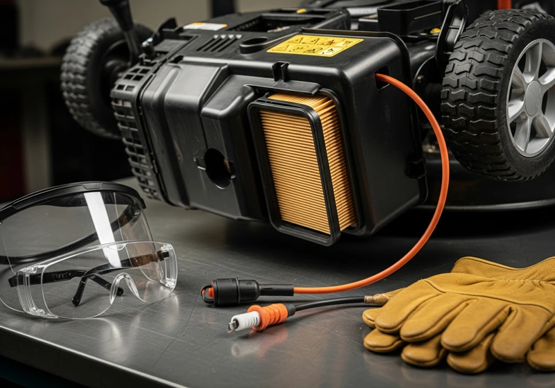 Safety glasses, work gloves, and properly positioned lawn mower for safe blade removal