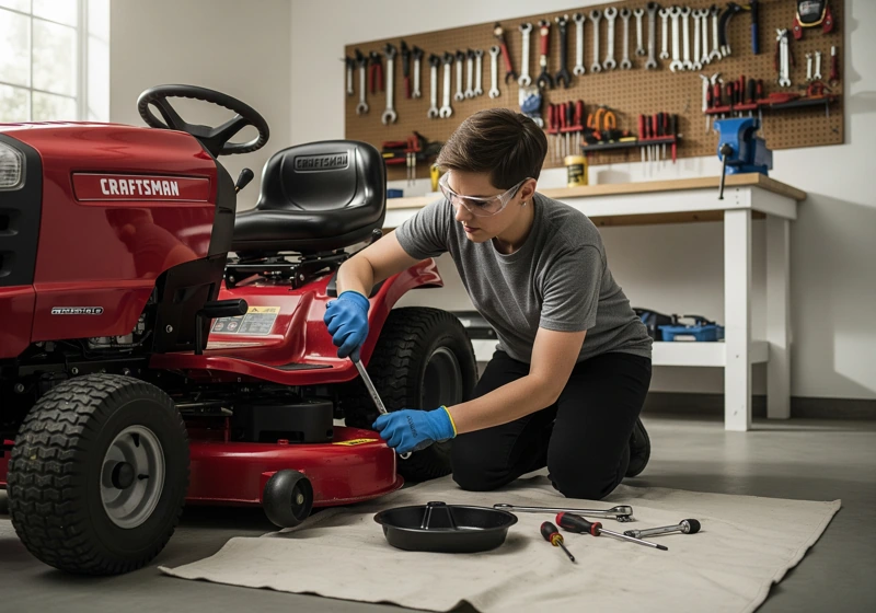 Person wearing safety glasses, gloves, and proper footwear for safe lawn mower maintenance