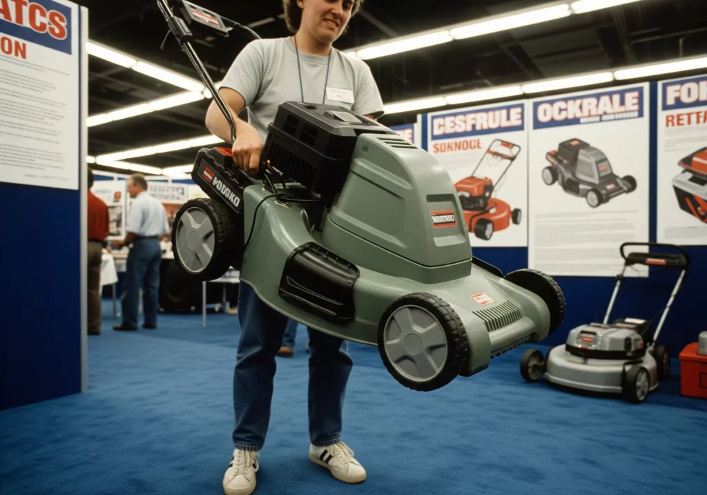 Early 1990s cordless electric lawn mower showing large battery pack and heavy design
