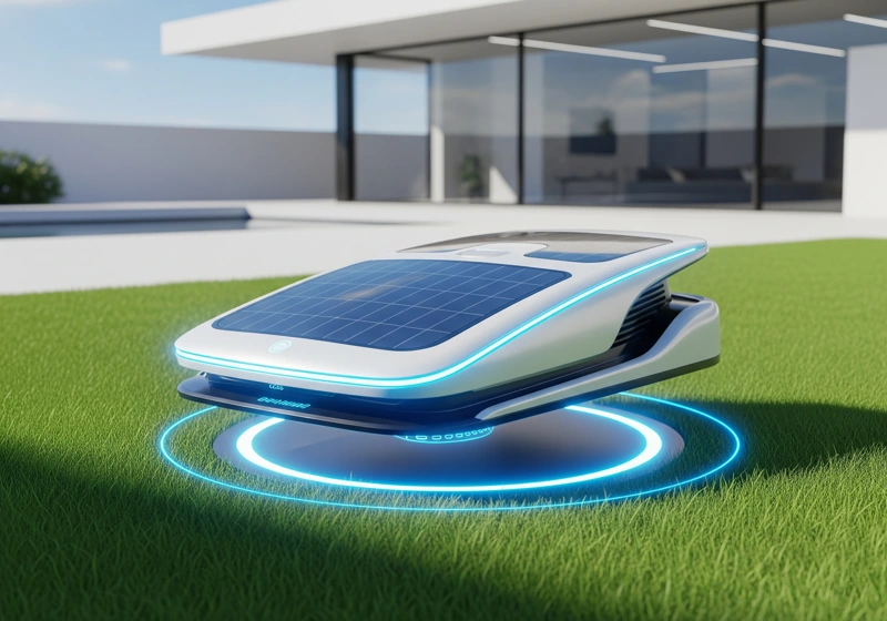 Futuristic electric lawn mower with solar charging and advanced technology features